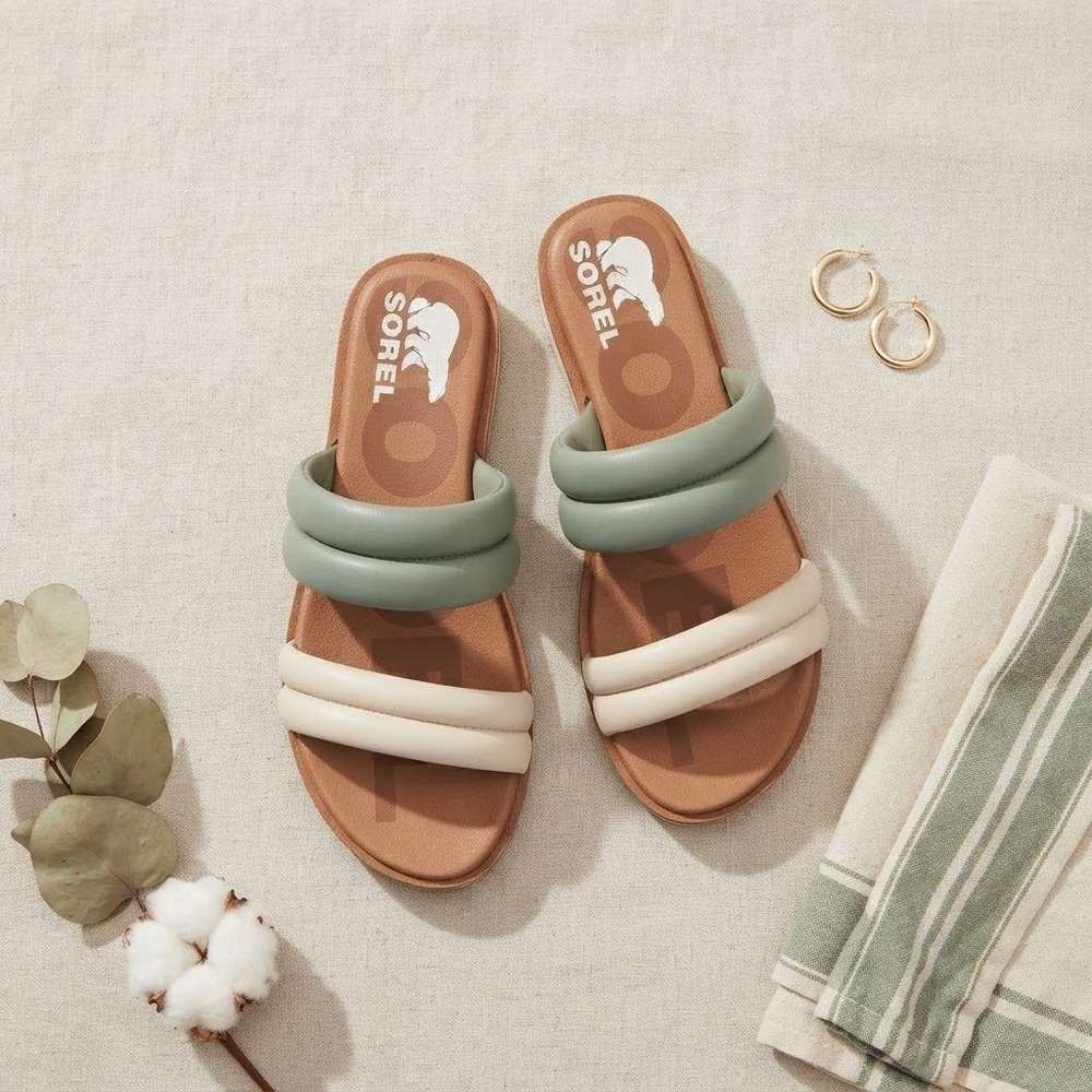 Sorel Roaming Puff Slide Sandals Womens 8 Green Cream Leather Padded Strappy